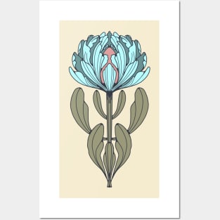 Blue Protea Flower Line Drawing Posters and Art